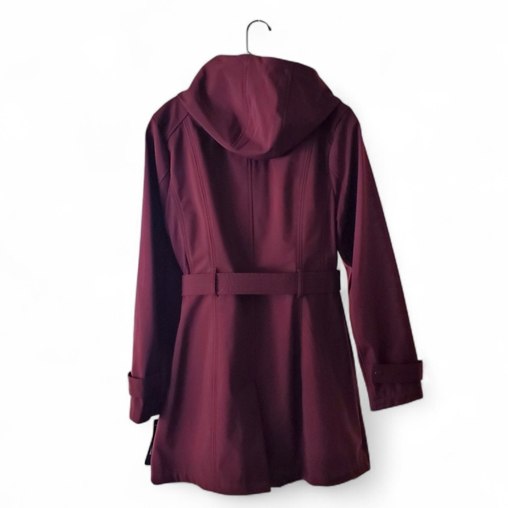 Women's Hooded Belted Trench Coat - Burgundy - Picture 3 of 8